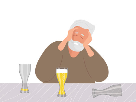 Alcohol intoxication. Mature elderly man sitting at table, on table are beer glasses. Alcoholic man with drinks. Senior man drank lot of beer. Colored flat cartoon vector illustration isolated.のイラスト素材