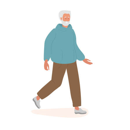 Smiling elderly Man. Walking Senior man with beard with gray hair wearing casual clothes. Mature Man. Healthy lifestyles in old age Colored flat cartoon vector illustration isolatedのイラスト素材