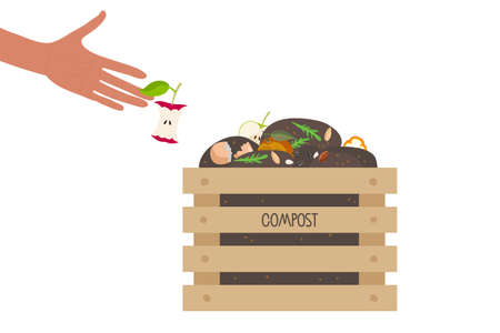 Human hand throws core apple in box with compost. Wooden Composting box with kitchen leftovers. Food waste. Environmentally responsible behavior. Garbage sorting. Recycling concept.のイラスト素材