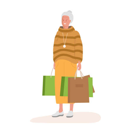 Senior woman carries Shopping Packages. Mature Cartoon character after successful shoping. Elderly lady with colorful shopping bags in hands. Hand drawn Vector illustration on white backgroundのイラスト素材