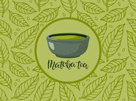 Abstract matcha green Tea background with beverage bowl and handwritten calligraphy inscription. Japanese tea ceremony. Drink background for bar, restaurant menu, party decor, beverage templateのイラスト素材
