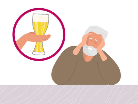 Hangover. Mature elderly man holds his head with her hands, experiencing headache, nausea, stress. Human hand with beer glass. Suffering from yesterdays alcohol consumption. Flat vector illustration.のイラスト素材