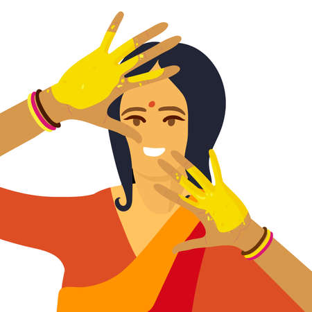 Holi festival. Happy Holi Spring Holiday of India. Indian woman with red saree. Woman hands covered with yellow paint. Indian Holi colors festival vector illustration isolated on white background..のイラスト素材