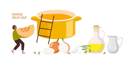 Pumpkin Soup Recipe. Tiny woman chef cooking tasty traditional pumpkin soup for thanksgiving. Pumpkin Soup Kit. Culinary course poster concept. Vector for wall art decor, culinary school.のイラスト素材