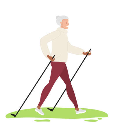 Elderly woman wearing casual clothes engaged in scandinavian walking in park. Nordic walking with special poles. Healthy lifestyle, leisure time, outdoor sport in old age. Colored flat cartoon vectorのイラスト素材