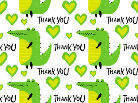 Seamless pattern with Thank You text and heart shape and crocodile. Cute cartoon character for Thank you day card, wallpaper, wrapping, packing, packaging. Good smiling crocodile. Handdrawn lettering.のイラスト素材