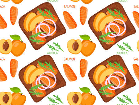 Seamless pattern with open Toast with peach fruits, smoked salmon, purple onion rings, arugula....