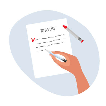 To Do list. Human hand with pencil making to do list. List writing, motivation. Red pencil near. Checklist with red markup. Colored flat Vector illustration isolated on white background.のイラスト素材
