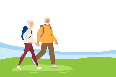 Elderly woman and man wearing casual clothes with backpack traveling in nature. Healthy lifestyle, leisure time, outdoor sport, walks and camping in old age. Colored flat cartoon vectorのイラスト素材
