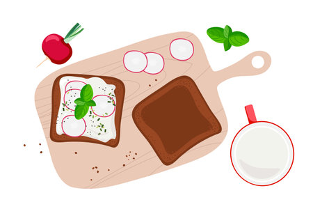 Healthy Sandwich with cottage cheese, basil and garden radish on cutting board. Ingredients for open toast cooking, recipe. Top view Vector for menu, cafe, restaurant, poster. Delicious Healthy snack.のイラスト素材