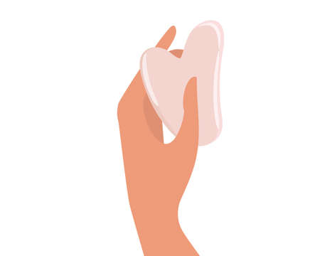 Human hand holding Gua sha stones. Facial gua sha massage tools. Korean skin care, type of massage. Natural rose quartz Stone Scraper. Beauty spa treatment. Color Flat cartoon vector illustrationのイラスト素材