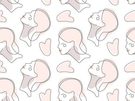 Seamless pattern with Young woman portrait, Gua sha stones line art. In fashionable linear style in...