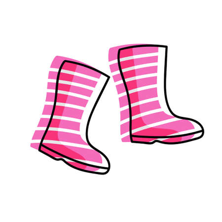 Pink striped high rubber boots isolated on white background. Polka dot yellow shoe. Foot protection. Cartoon cute rubber boots pair icon. Gardening, spring. Color Flat cartoon vector illustration.のイラスト素材