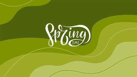 Springtime calligraphy lettering on Abstract Spring, green nature background. Green wavy lines....
