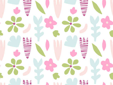 Flower seamless pattern. Colored hand drawn sketch. Flowers, branches, leaves. Childish scissors cutting collage effect. Silhouette vector illustration For spring, summer wallpaper, textile, wrapping.のイラスト素材