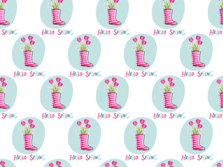 Seamless pattern with Rubber boot with flowers, Hello spring lettering. Spring flowers bouquet in Pink striped boot. Red tulips bouquet. Repeated Vector illustration for wallpaper, textile, packaging.のイラスト素材