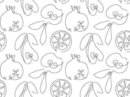 Continuous one line drawing fruit seamles pattern. Abstract hand drawn fruits by one line. Minimalist black line sketch. Fashionable trend vector for wallpaper, textile, packaging, wrapping paper.のイラスト素材