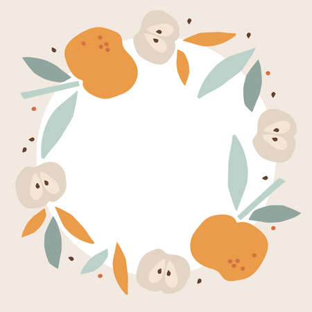Round frame with apples. Round seasonal fruit border. Apple isolated frame with copy space. Floral wreath. Summer background For poster, banner, cover, invitation for text, save date, photoのイラスト素材