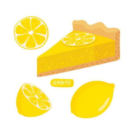 Lemon pie. Cut off pie piece isolated with lemon fruit on white background. Healthy Vegetable eating. Food flat design for menu, cafe, restaurant, farmers market, vegetarian recipeのイラスト素材