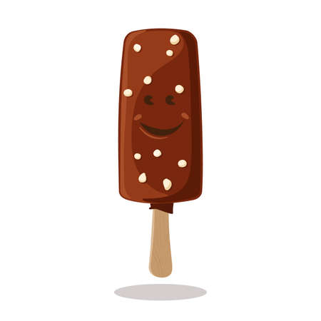 Cute chocolate ice cream. Ice cream with smile on stick. Funny cheerful ice cream cartoon character Vector flat isolated on white background. Kawaii cartoon style. For menu, recipe, cafe, restaurant.のイラスト素材