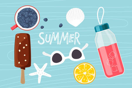 Summer. Bright drink bottle , sunglasses, ice cream, shell, Starfish, lemon slice, blueberries cup. Product for Summer set. Hot season Sweet symbols. Cartoon vector illustration. Sun collection.のイラスト素材