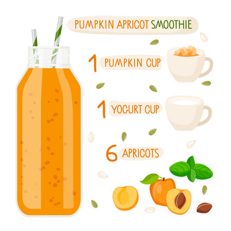 Pumpkin apricot smoothie recipe. Beverage glass bottle with straw, ingredients. Apricot fruits, pumpkin, yogurt. Energetic fresh drink. Organic shake recipe. Pumpkin dessert with yogurt and apricots.のイラスト素材
