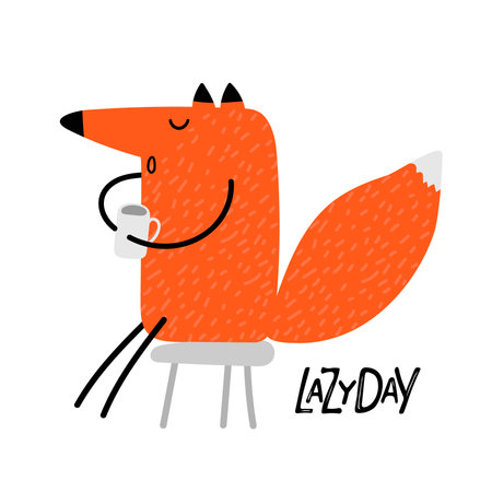 Cartoon fox sits on stool and drinks hot drink on Lazy Day. Vector hand drawn illustration on white background. Card with cartoon character. Cute fox resting with hot coffee, chocolate, tea.の写真素材