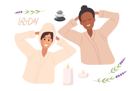 Two happy woman best friends on Lazy Day. Smiling African-American and caucasian women resting. hand drawn portraits. Spa skin care treatment of girlfriends in bathrobe isolated on white background.のイラスト素材