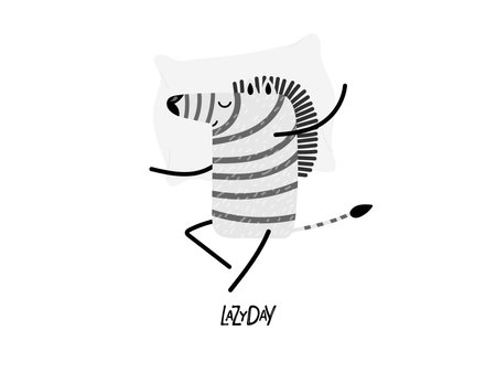 Cartoon happy zebra sleeping with pillow on Lazy Day. Funny character in animalistic print. Hand drawn typography template for holiday poster, greeting card, invitation Isolated on white backgroundのイラスト素材
