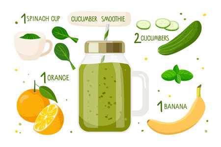 Cucumber smoothie recipe. Mason jar with smoothie and ingredients for cooking. Flat cartoon vector illustration For cafe menu, store, cooking class, recipe. Organic shake recipe. Health nutritionのイラスト素材