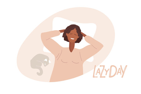 All you need is Sleep text. Young woman sleeps on pillow under blanket and smiles at dreams. Pet sleeps on blanket of his owner. Girl resting with his cat. Healthy lifestyle concept.のイラスト素材