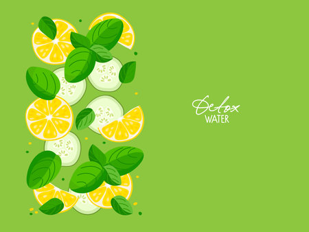 Lemon, cucumber, mint leaves border on green background. Detox water label. Summer refreshing drink for eating healthy Flat vector isolated For menu, pack design, print design, poster, web bannerのイラスト素材