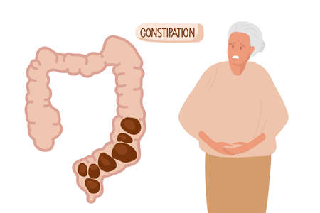 Abdominal pain due to constipation. Intestine with constipation internal organs digestive system. Suffering from pain. Senior Woman holding hand on belly zone. Flat vector illustration. Healthcare.のイラスト素材