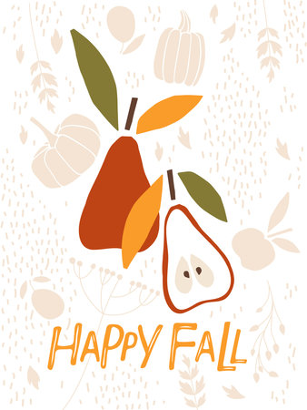 Happy Fall hand drawn lettering with pears on harvest background. Autumn vegetables and fruits. Vector Fall, Autumn, Thanksgiving Design element for poster, banner, card, badge, t-shirt, printのイラスト素材