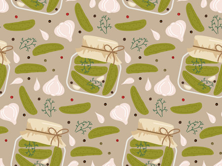 Canned vegetables background. Seamless pattern with pickled cucumber jars. Hand drawn doodle sketch print. Repeated food background for textile, wrapping paper, wallpaper, cover designのイラスト素材