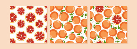 Grapefruit background collection. Citrus lemonade seamless pattern. Three pattern set. Seamless pattern with grapefruits on white background for textile, wrapping paper, wallpaper, cover design, cardのイラスト素材