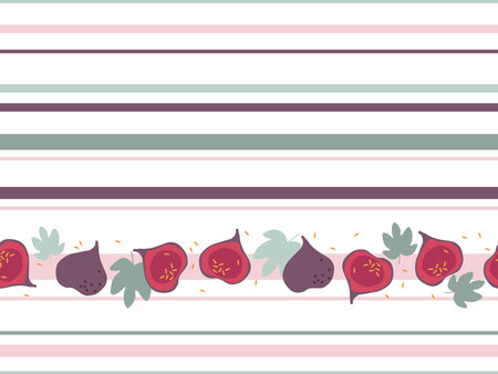 Seamless fig pattern. Fruits with leaf hand drawn sketch isolated on striped background. Hand drawn vector sketch in pastel colors. Silhouette vector illustration for wallpaper, nursery design, wrap.のイラスト素材