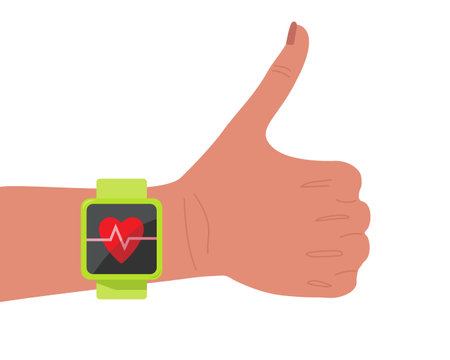 Smart watch on hand gesturing thumbs up showing good or ok. Health app. Smart watch with heart rate icon. Screen fitness app. Health test Illustration. Fitness interface design. Healthy lifestyle.のイラスト素材
