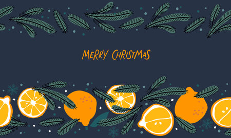 Merry Christmas natural banner. Seamless fir branch with tangerine background. Traditional Christmas element. Vector Christmas fruit seamless border. Flat vector isolated on dark blue background.のイラスト素材