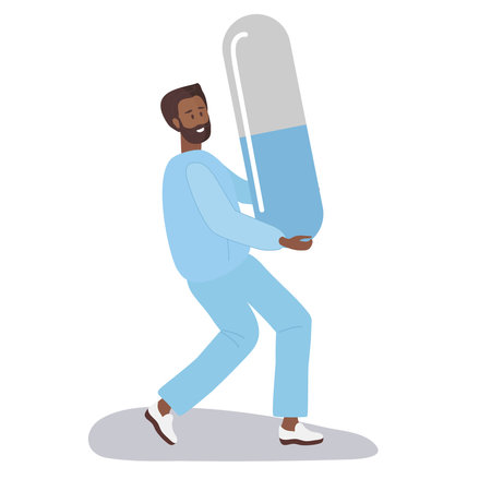Doctor. Tiny Pharmacist or Doctor holding giant pill capsule. Doctor wearing special blue medical clothes. Health care and pharmacy. Flat cartoon vector illustration. Funny man doctor characterのイラスト素材
