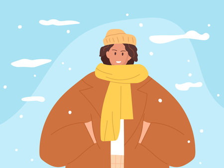 Girl wearing warm cozy clothes, warm coat, hat, scarf. Winter modern outfit. Happy active woman. Woman on winter walk on mountain and clouds background. Vector Seasonal illustration for your design.のイラスト素材