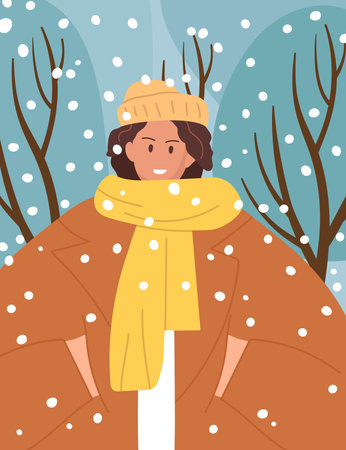 Vector Winter illustration. Walking in park or forest. Girl wearing warm clothes, warm coat, hat, scarf. Happy active woman. Woman walking on background of winter snow trees. Winter time, walking.のイラスト素材
