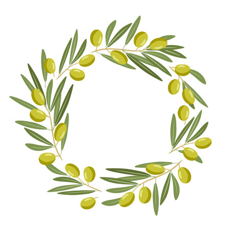 Vector flat olives wreath for Mediterranean or vegan diet. Olive twigs, berries round frame. Healthy food, natural organic cosmetics illustration for invitations, labels and advertisements, packagingのイラスト素材