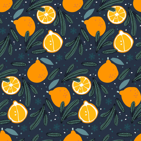 Christmas Seamless Pattern with orange fruit and Christmas tree branches. Repeated Hand drawn design for wallpaper, wrapping, scrapbooking, textile. Dark blue holiday design New year backgroundのイラスト素材