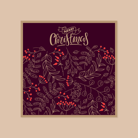 christmas card. Seamless border with botanical elements, calligraphy lettering Merry Christmas. Winter season greeting poster. Flat vector card with red rowan berries and rowan leaves on dark purpleのイラスト素材