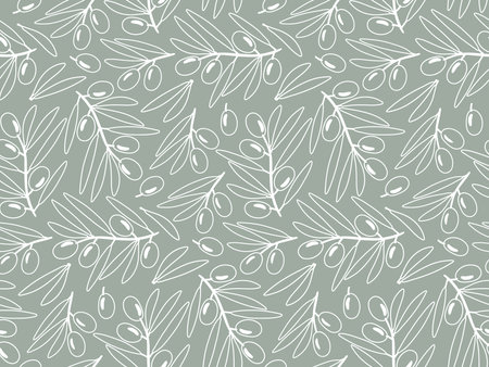 Vector linear seamless pattern with olive tree branches. Repeated Flat vector illustration with fruits for natural organic cosmetics, soap, wrapping paper, textile. Hand drawn Olive seamless patternのイラスト素材