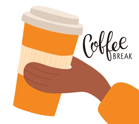 Hand holding orange takeaway cup of coffee and Coffee break text on white background. Vector calligraphy lettering. Template of banner, poster for coffee shop, restaurant, company, cafe. coffee breakのイラスト素材