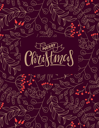 Natural card with red Berries and golden twigs with Merry Christmas lettering. Floral frame with hand drawn design elements Design. Merry Christmas invitation card template. holiday decorationsのイラスト素材