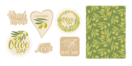 Vector set labels for olive cosmetics. Labels for handmade natural, organic cosmetics, soap and beauty products and seamless olive sketch pattern. Design of packaging Olive cosmetics for businessのイラスト素材
