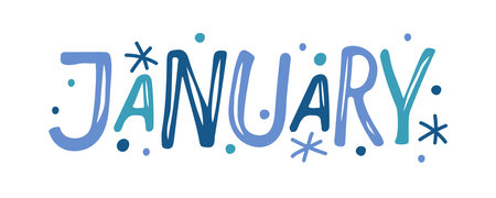 January. Hand drawn lettering word January. Text with snow. Month January. Festive winter banner, border, Card, tshirt design, invitation. Winter decorative element with snowflakes. winter background.のイラスト素材